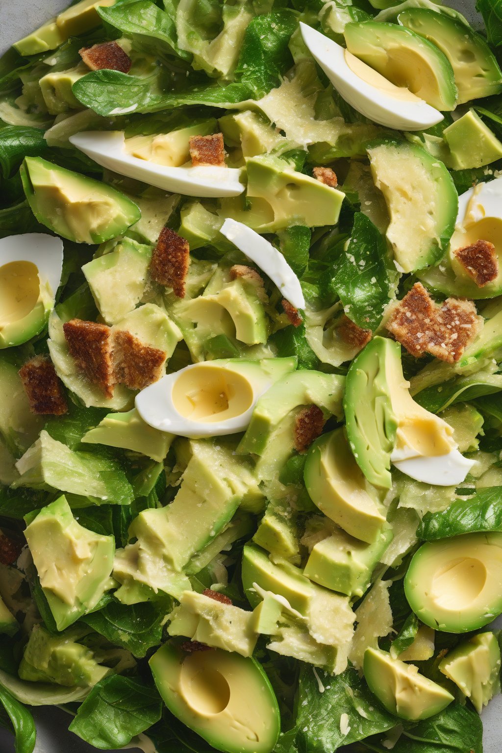 A high-resolution photo of avocado Caesar salad with green chunks and Parmesan under soft lighting.