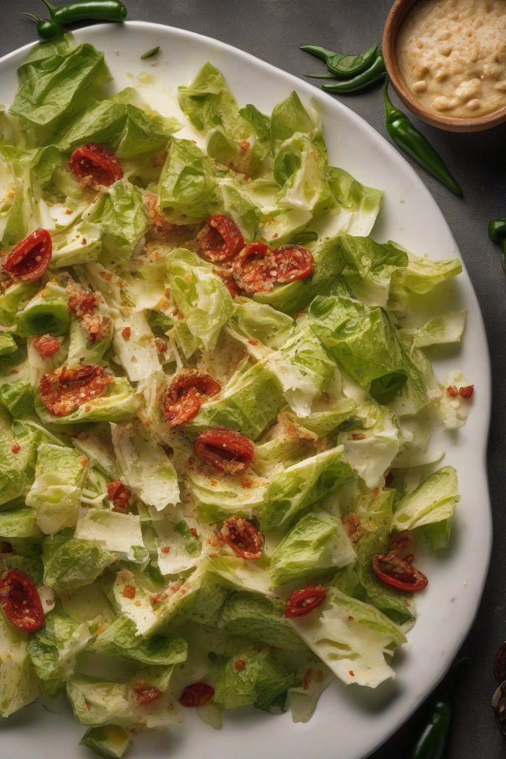 A high-resolution photo of spicy Caesar salad with jalapeño slices and red flecks under soft lighting.