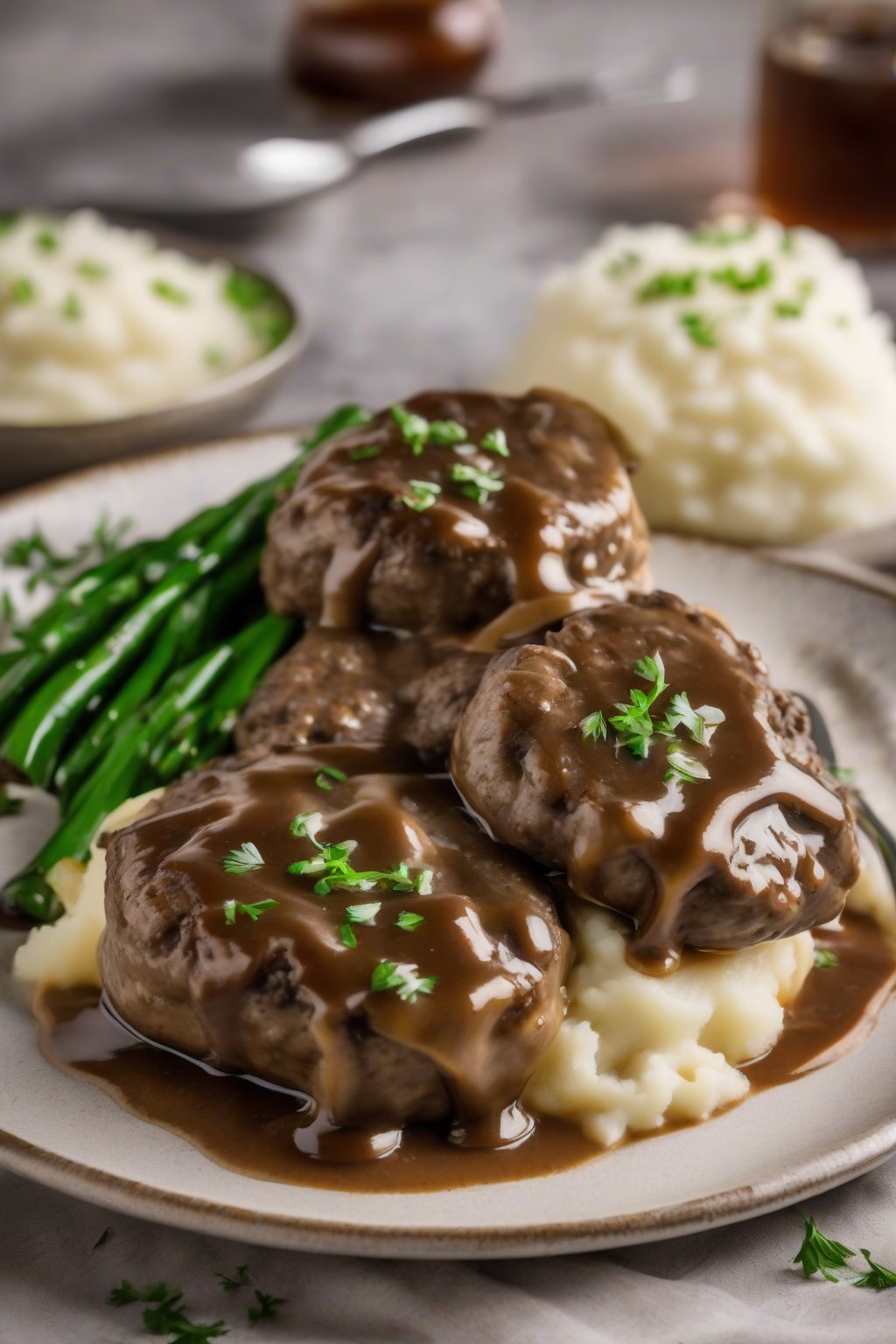 A high-resolution photo of classic Salisbury steak patties smothered in glossy onion gravy, served over mashed potatoes, under soft lighting.