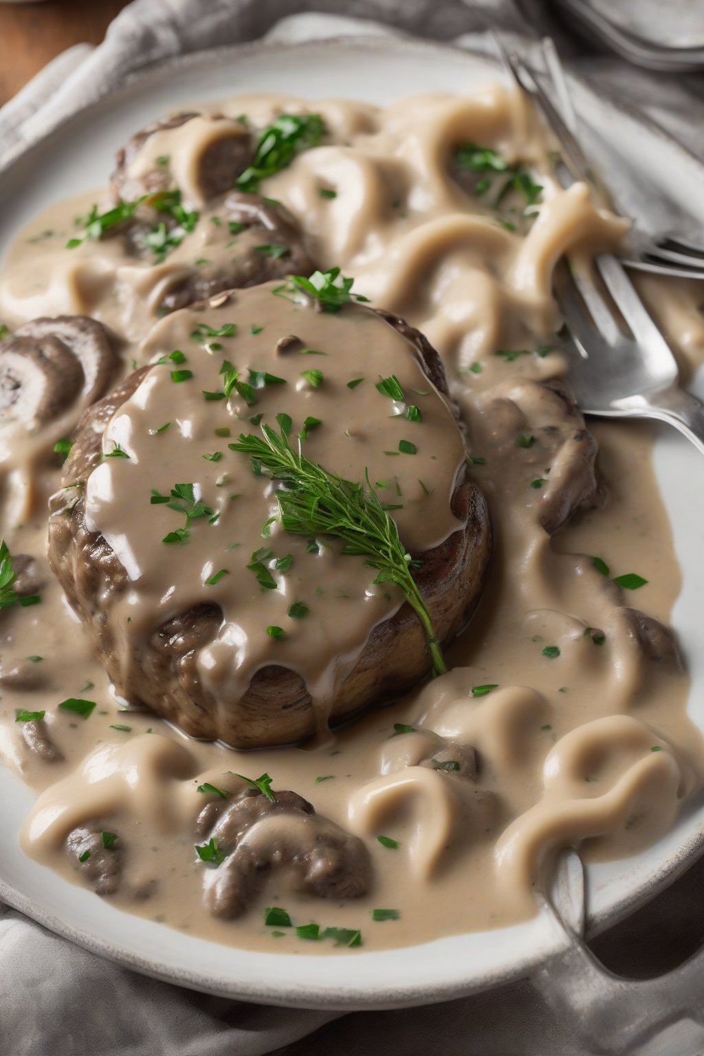 A high-resolution photo of Salisbury steak topped with creamy mushroom gravy and fresh herb garnish, steam rising gently, under soft lighting.
