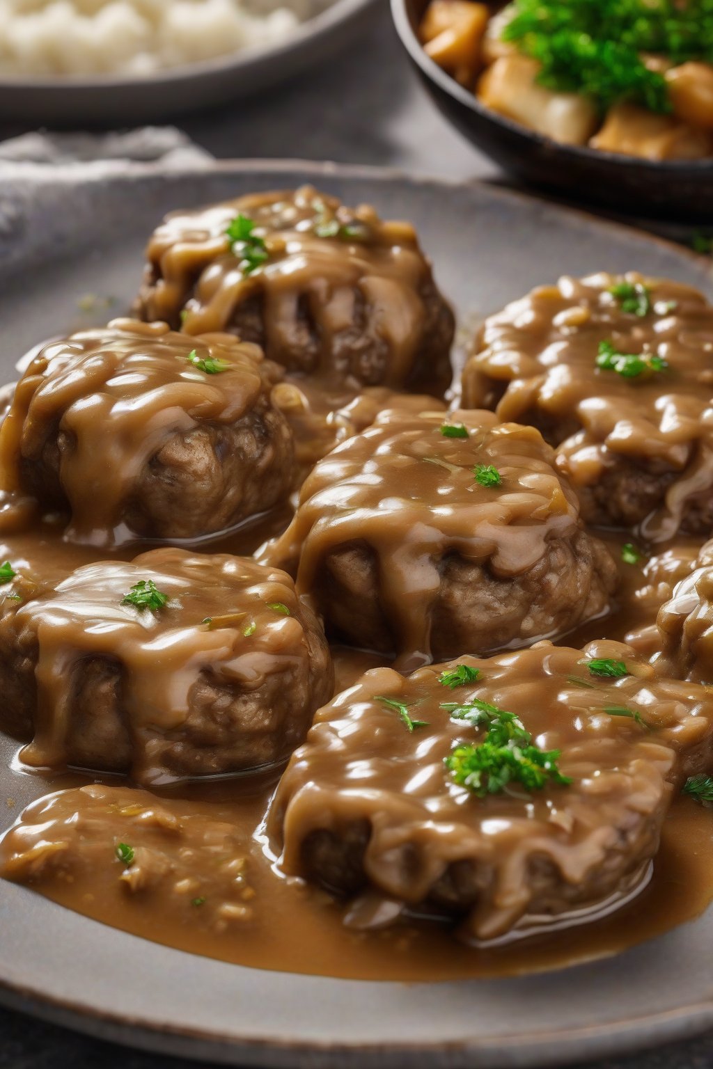 A high-resolution photo of golden Salisbury steak patties in thick onion gravy, close-up with caramelized edges visible, under soft lighting.