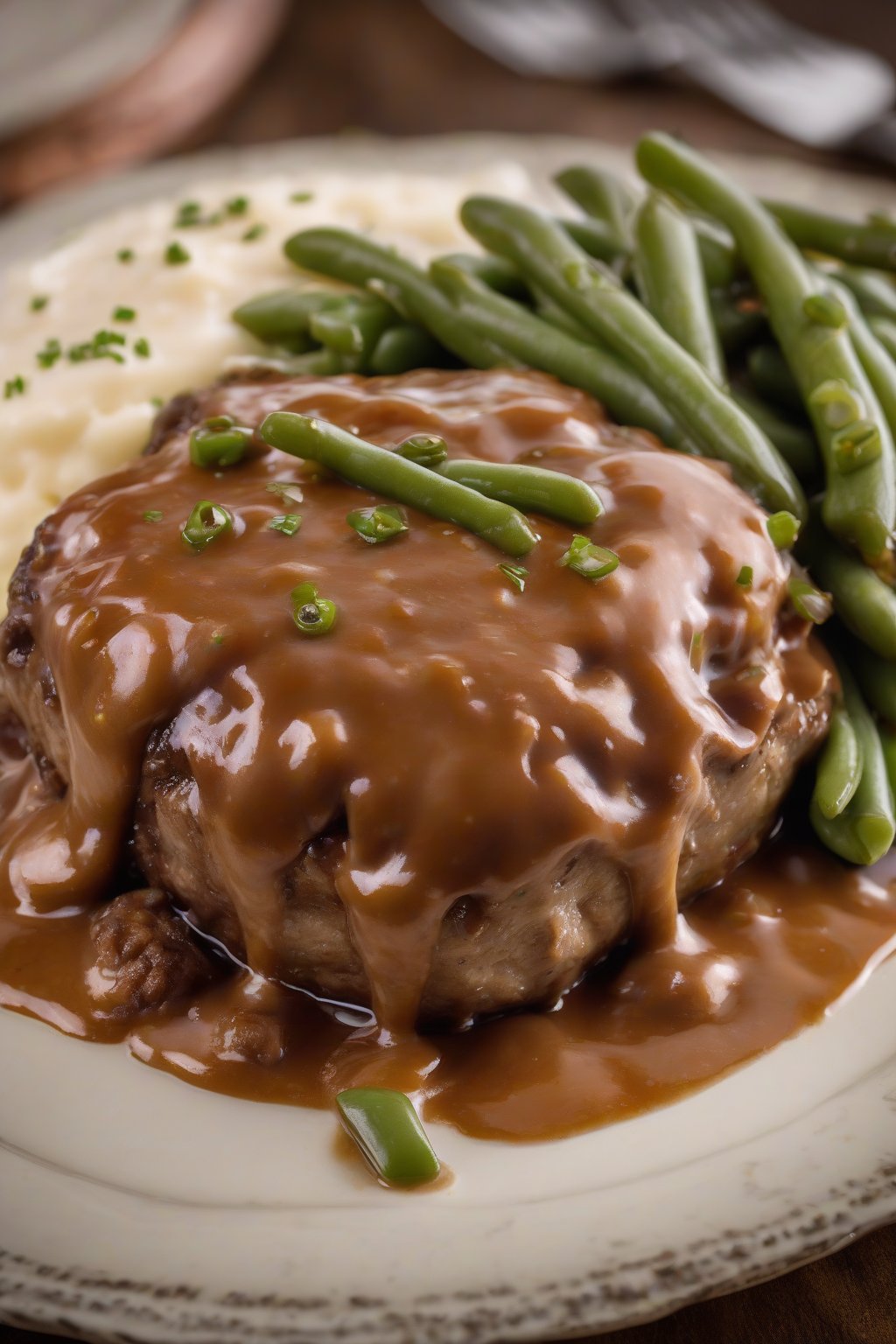 A high-resolution photo of bacon-cheese Salisbury steak oozing gravy, served with green beans, under soft lighting.
