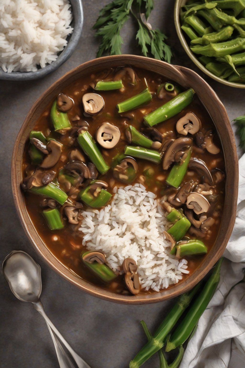 A high-resolution photo of vegetarian okra gumbo in a bowl with rice, showing thick green okra slices and mushrooms, under soft lighting.