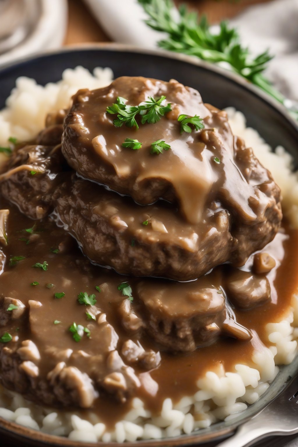 A high-resolution photo of tender slow cooker Salisbury steak in rich gravy, fork-tender and steaming, under soft lighting.