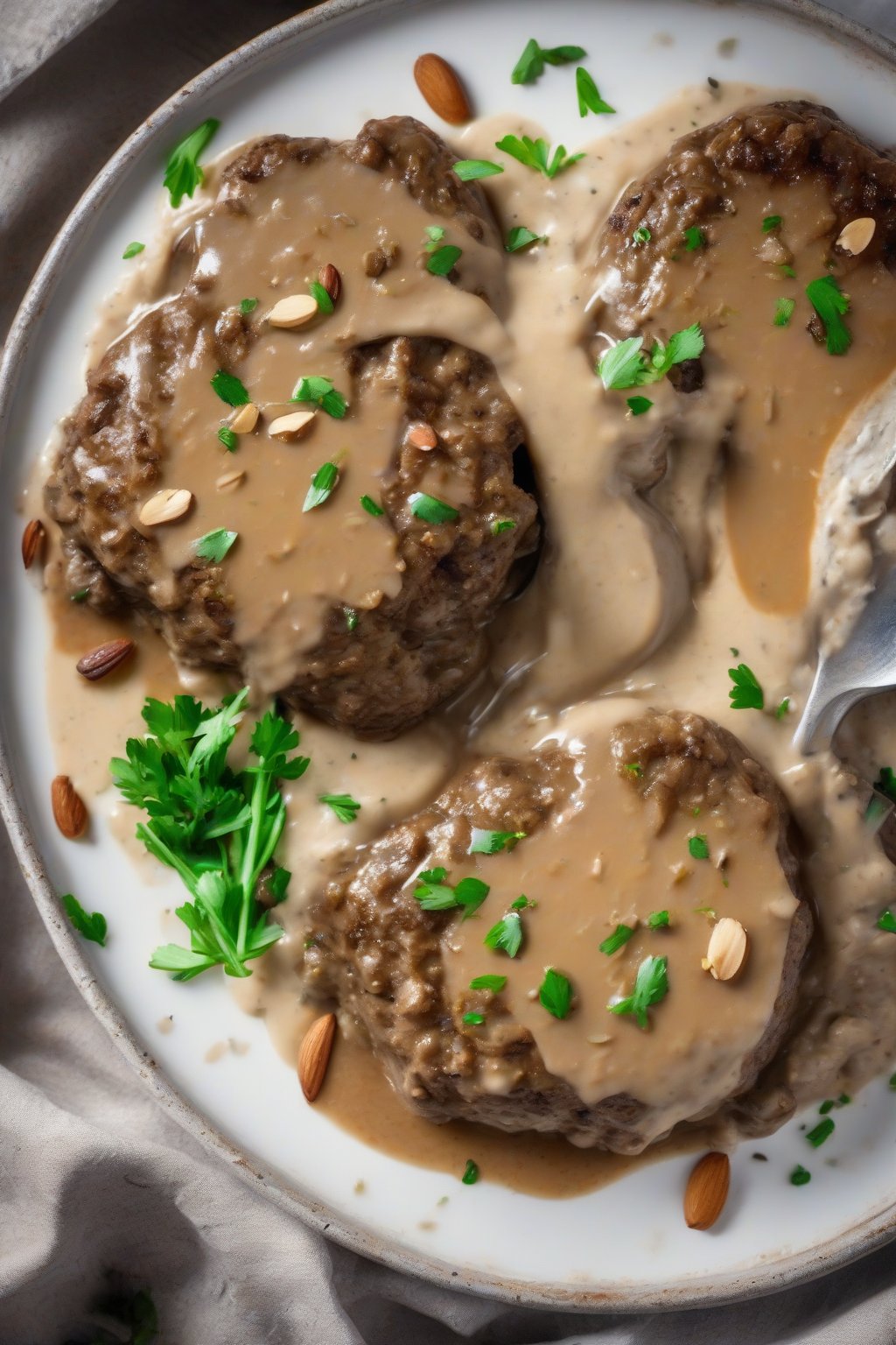 A high-resolution photo of keto Salisbury steak with creamy low-carb gravy, almond-crusted edges, under soft lighting.