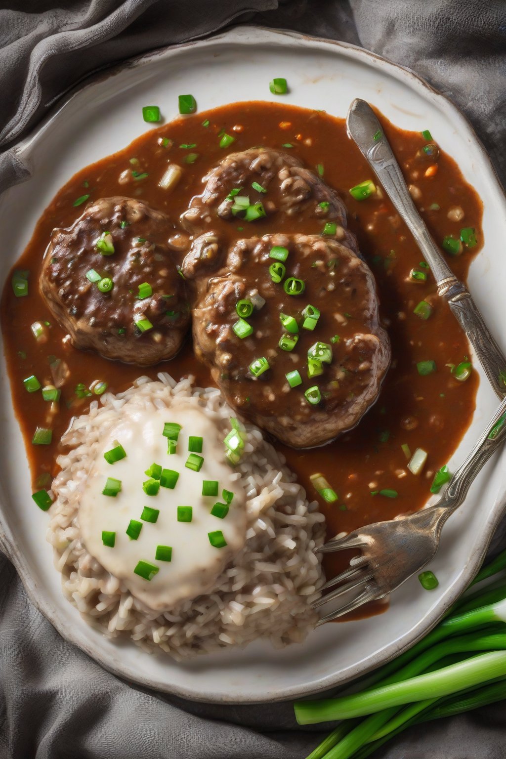 A high-resolution photo of spicy Cajun Salisbury steak in vibrant pepper gravy, garnished with green onions, under soft lighting.