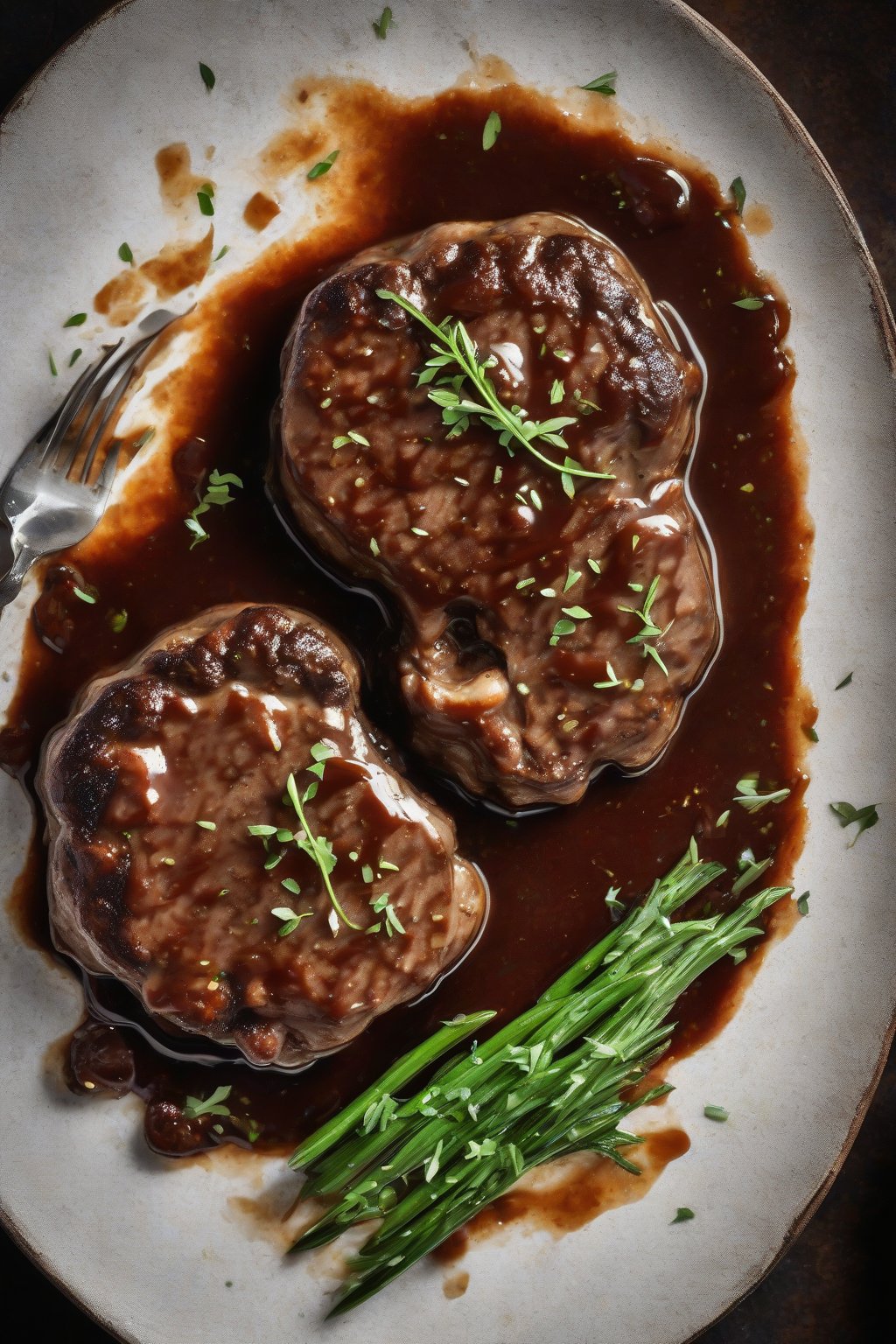 A high-resolution photo of BBQ-glazed Salisbury steak swimming in smoky gravy, with charred edges, under soft lighting.