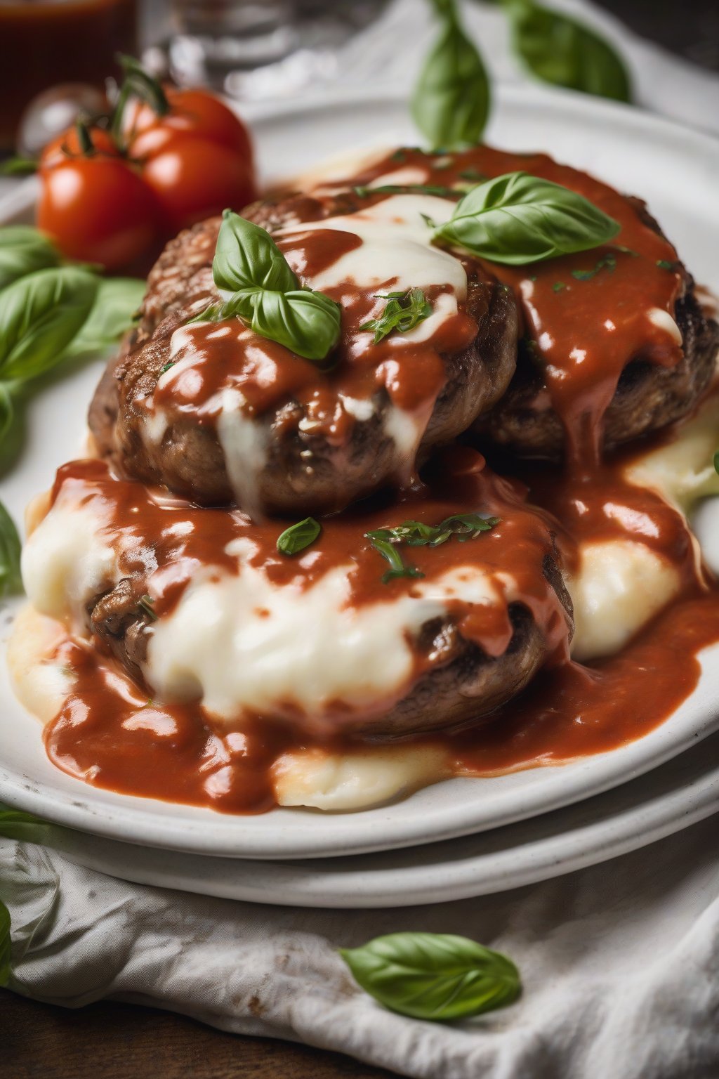 A high-resolution photo of Italian Salisbury steak with melted mozzarella and tomato gravy, basil sprigs, under soft lighting.