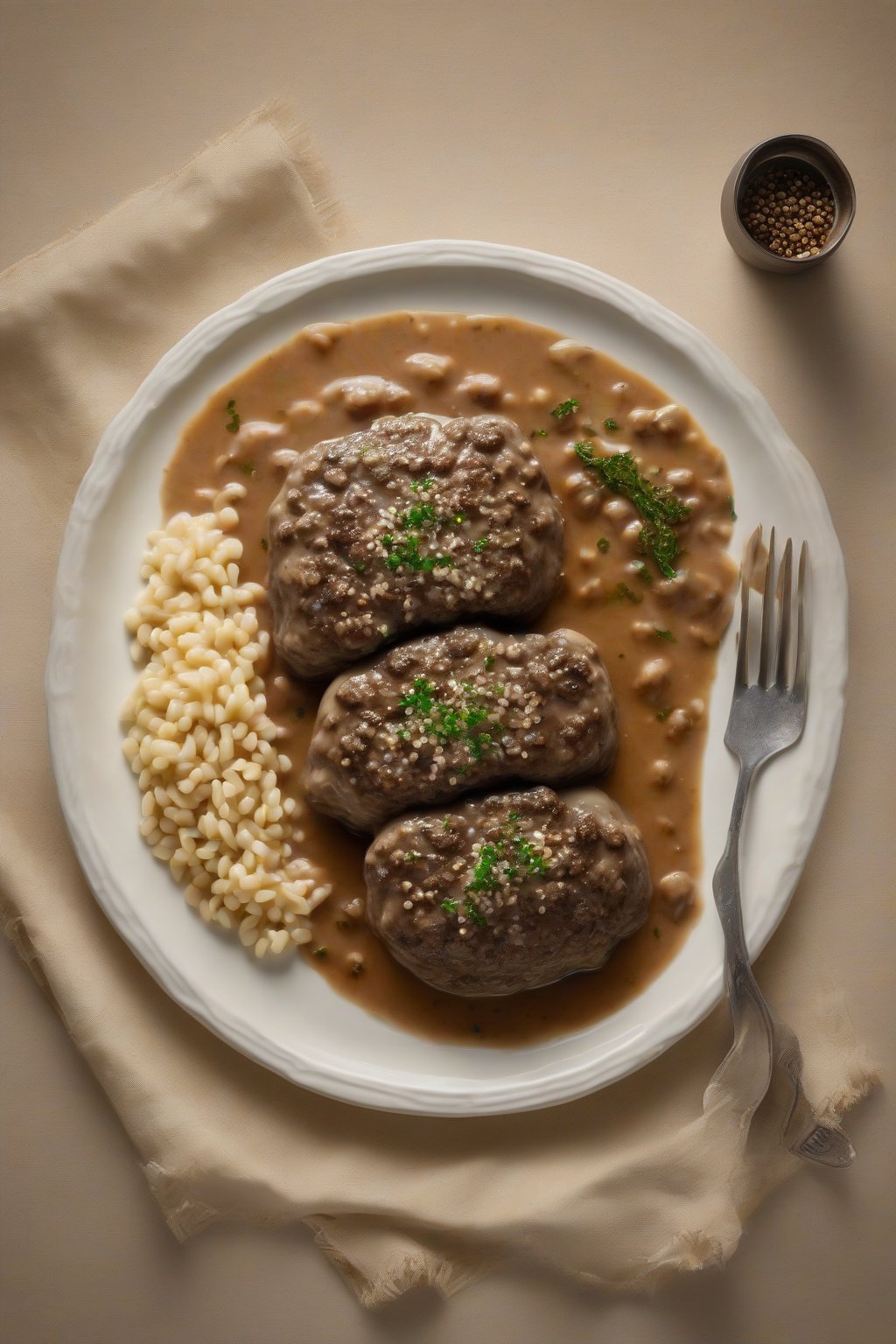 A high-resolution photo of peppercorn-crusted Salisbury steak in creamy gravy, coarse grains visible, under soft lighting.