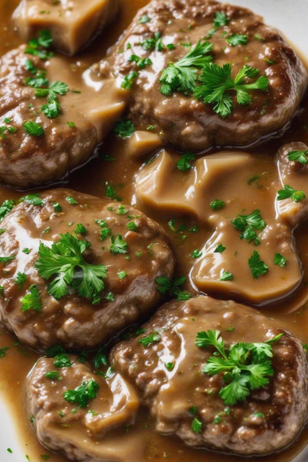 A high-resolution photo of garlic butter Salisbury steak glistening with gravy, parsley flecks, under soft lighting.