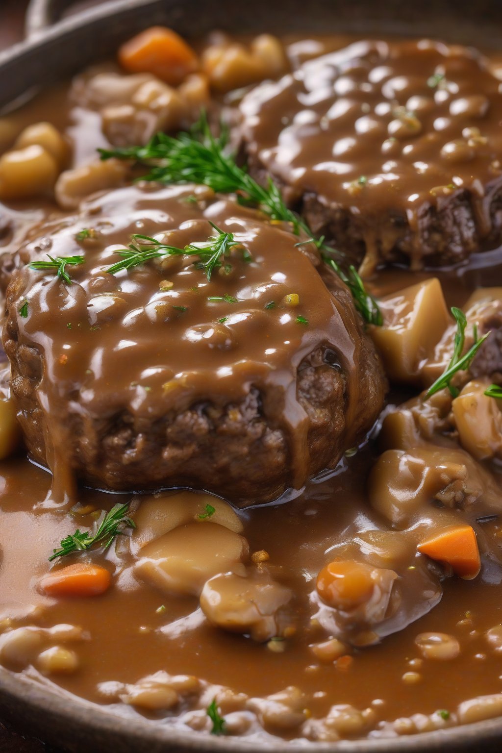 A high-resolution photo of veggie-infused Salisbury steak under thick gravy, colorful specks showing, under soft lighting.