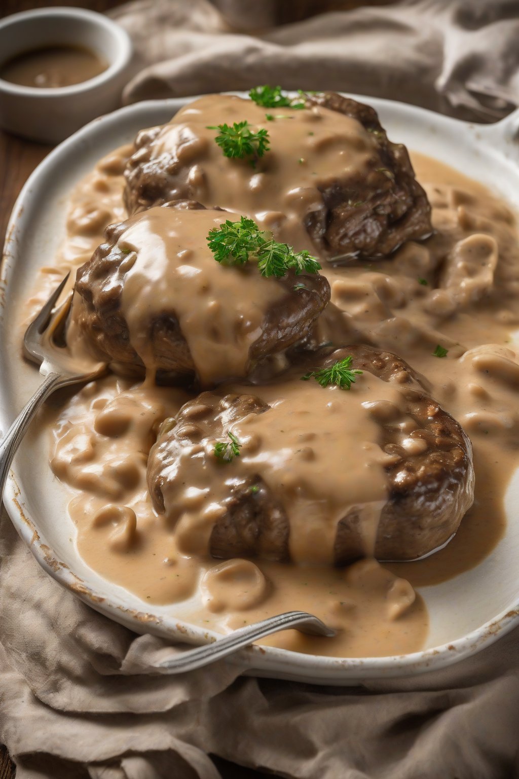 A high-resolution photo of deluxe Salisbury steak blanketed in extra-creamy gravy, golden and bubbly, under soft lighting.