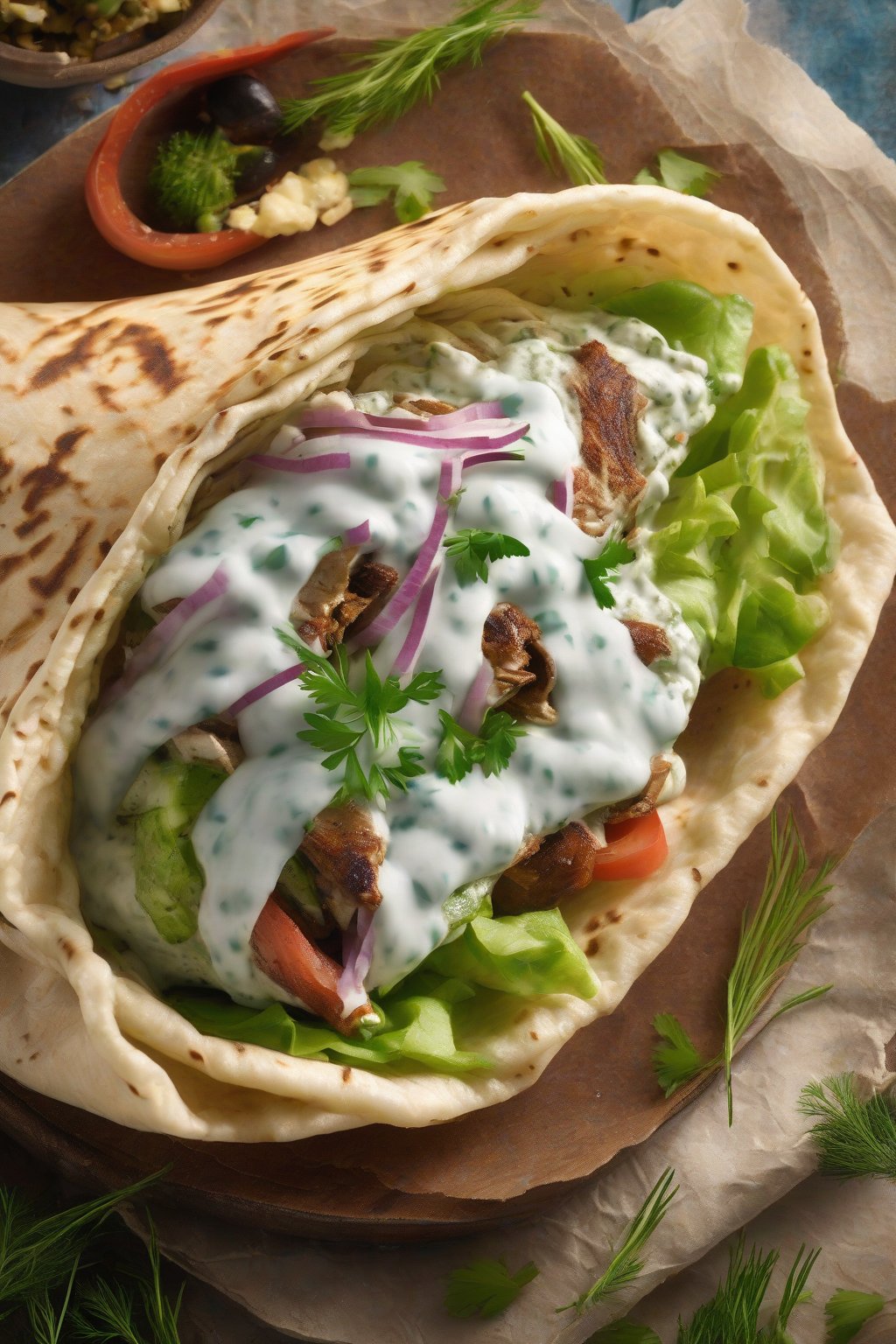 A high-resolution photo of classic creamy taziki sauce dolloped on a juicy gyro wrap, garnished with dill, under soft lighting.