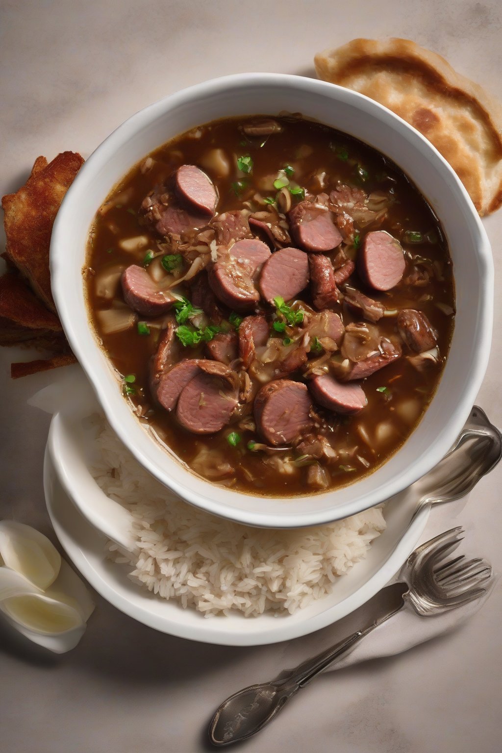 A high-resolution close-up photo of duck and andouille gumbo with tender duck shreds and sausage slices in glossy broth, over rice, under soft lighting.