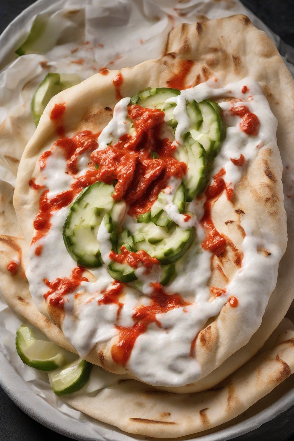 A high-resolution photo of spicy sriracha taziki sauce swirling over a gyro with visible red flecks, under soft lighting.