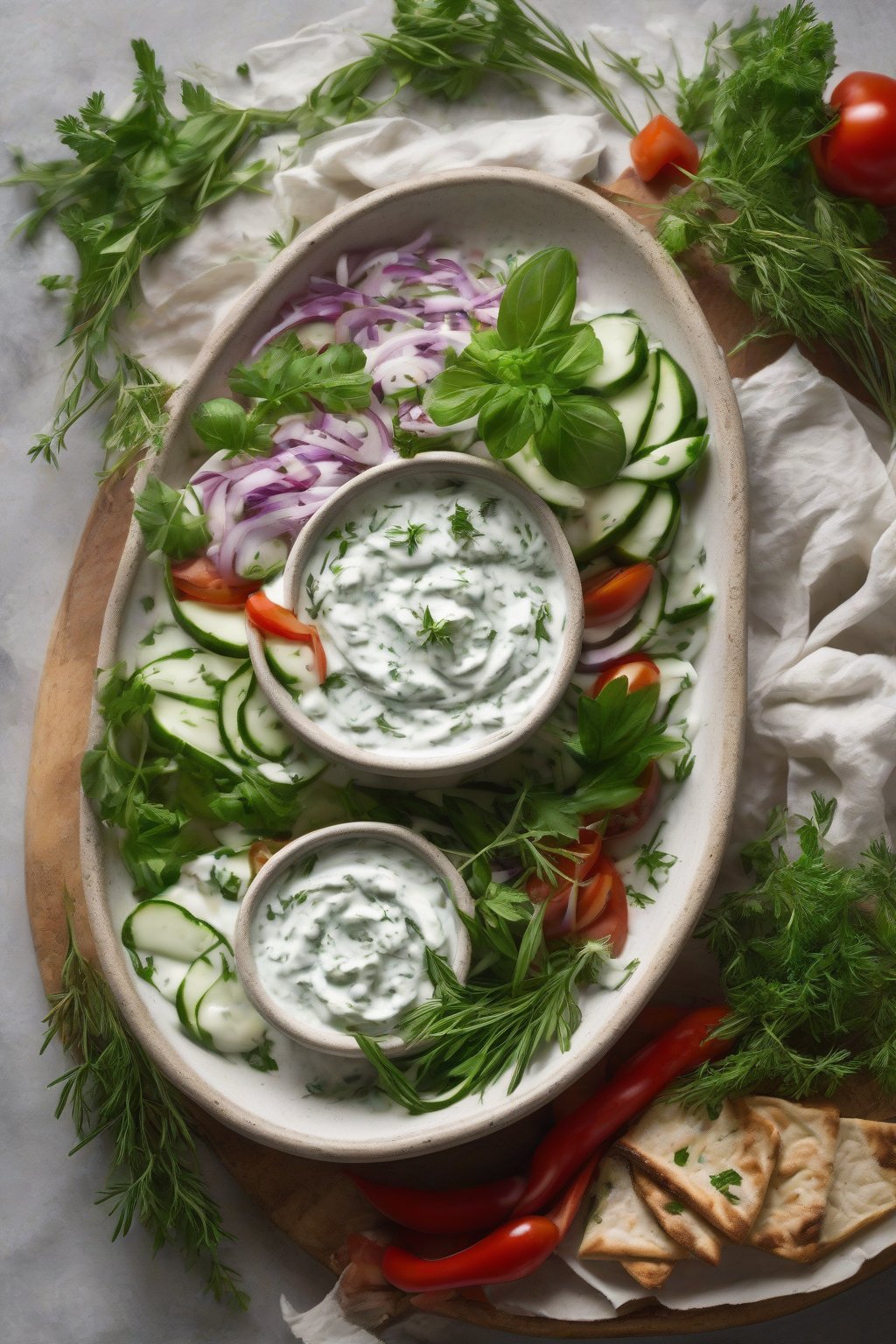 A high-resolution photo of herbed garden taziki in a bowl with herb sprigs beside a sliced gyro, under soft lighting.