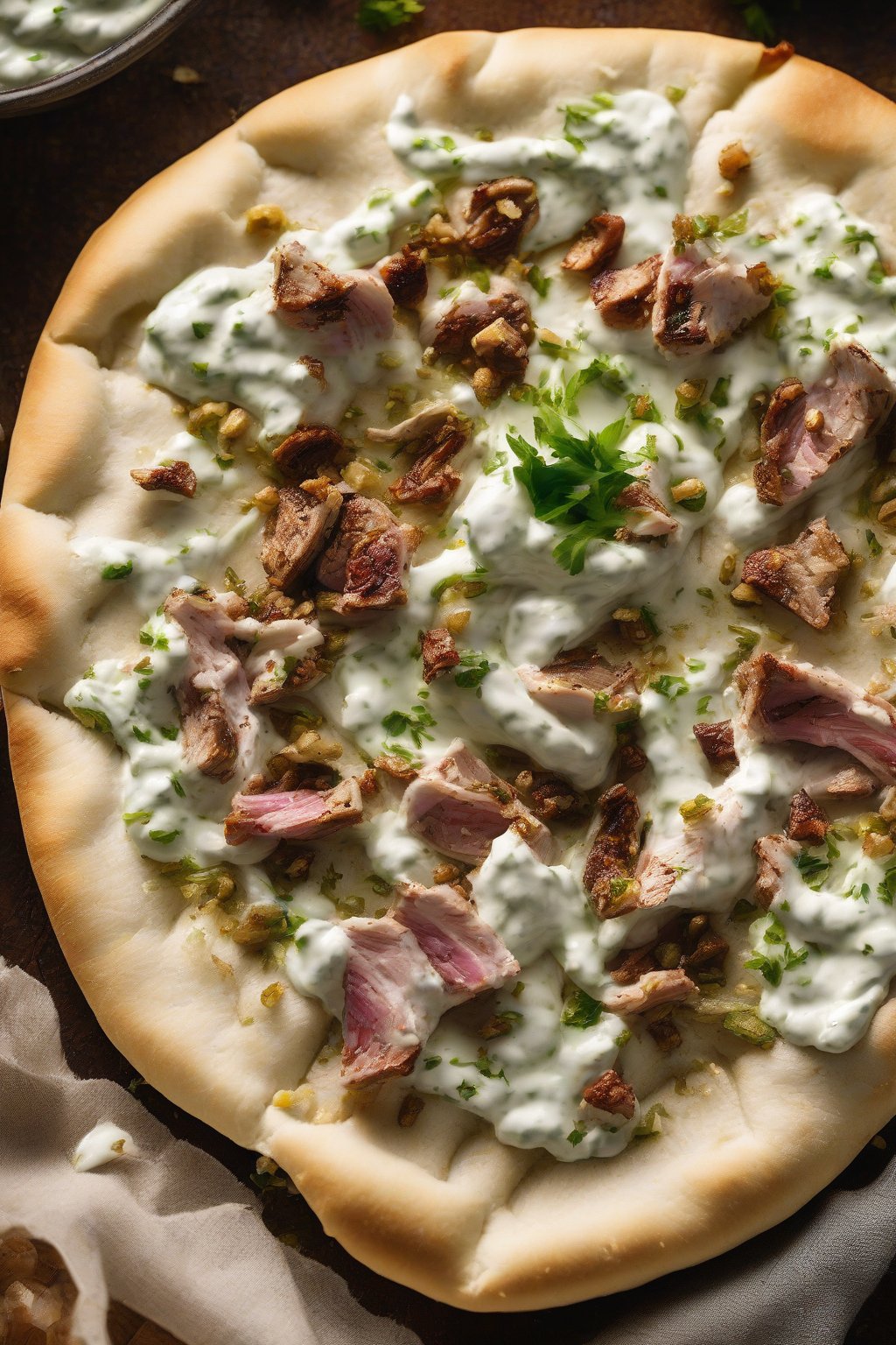 A high-resolution photo of roasted garlic taziki spread on pita with gyro meat peeking out, golden tones under soft lighting.