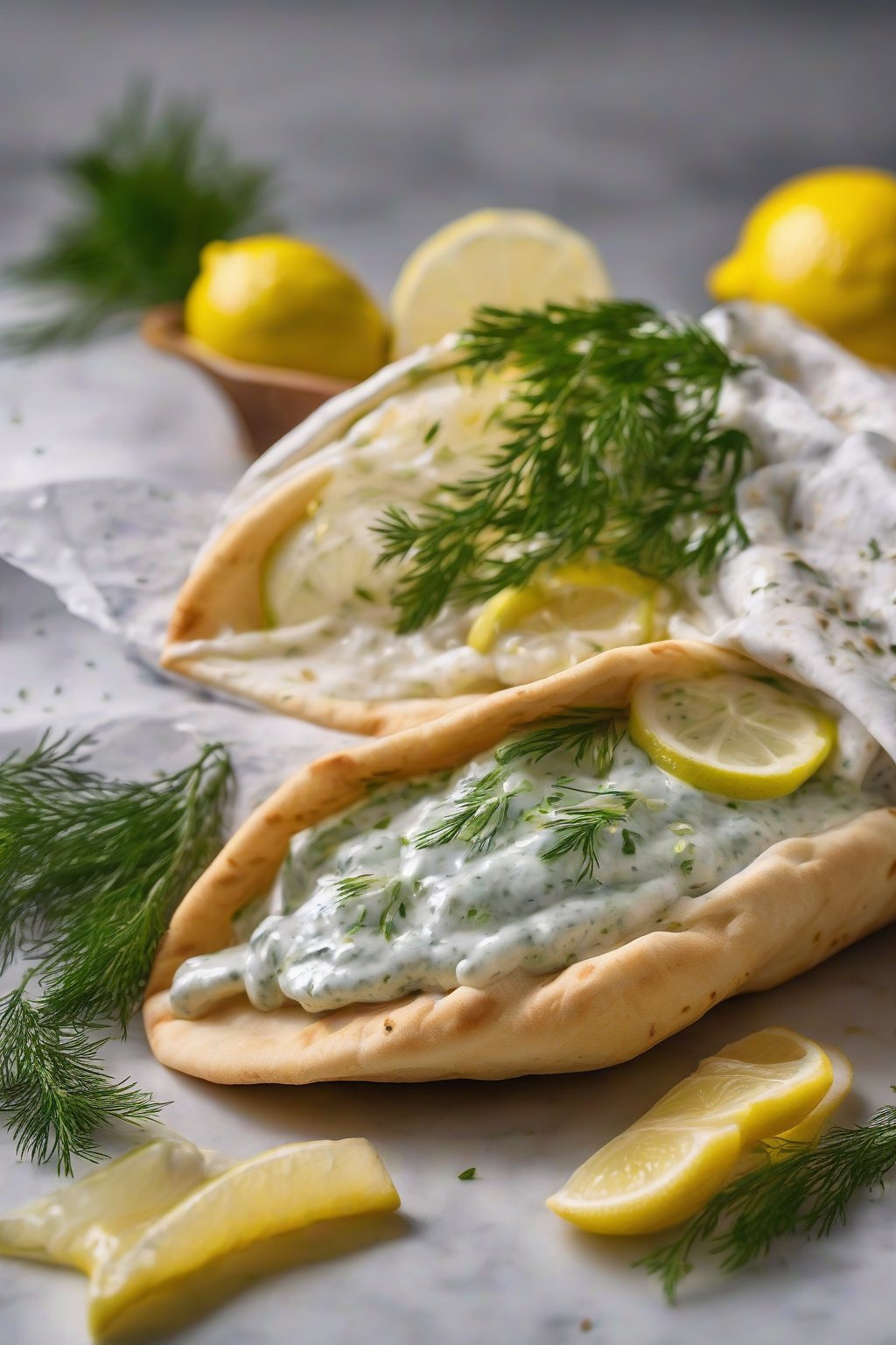 A high-resolution photo of lemon-dill taziki glistening on a fresh gyro, lemon wedges nearby, under soft lighting.