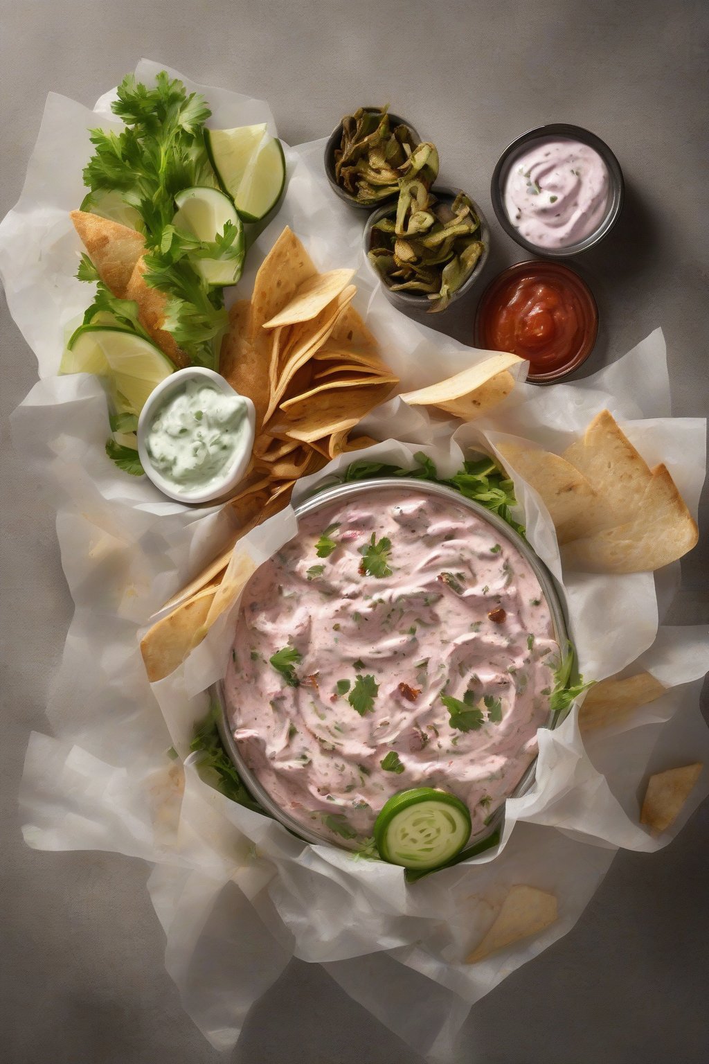 A high-resolution photo of smoky chipotle taziki with gyro slices, faint smoke wisps effect, under soft lighting.