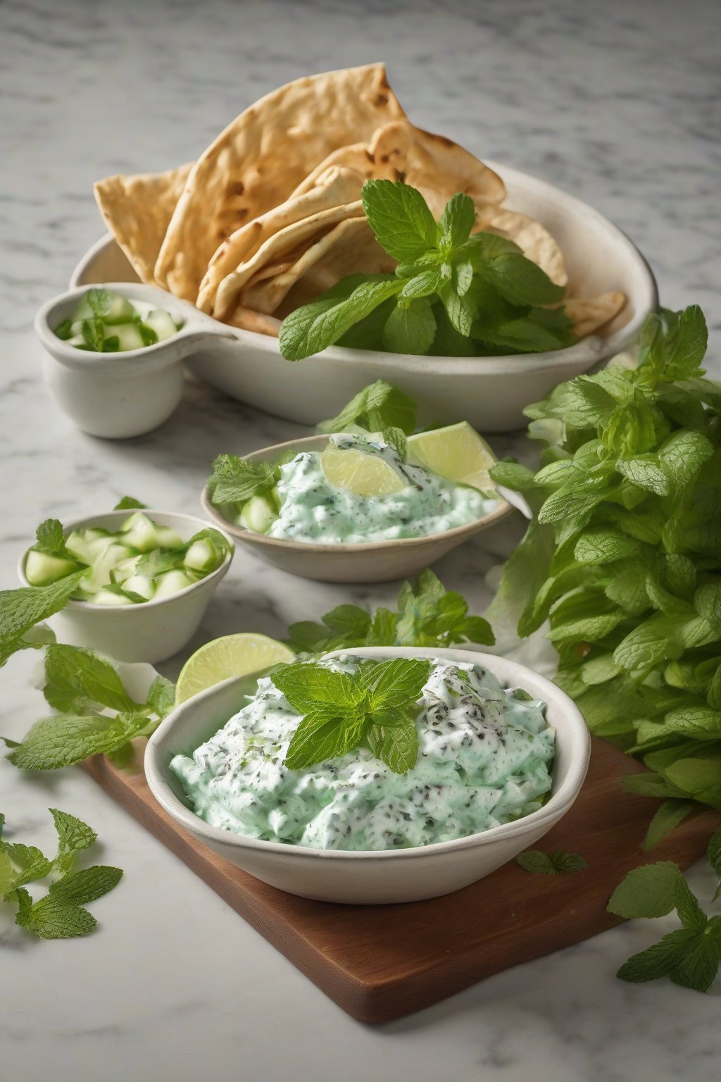 A high-resolution photo of mint-flecked taziki bowl next to a cooling gyro, fresh leaves garnish, under soft lighting.