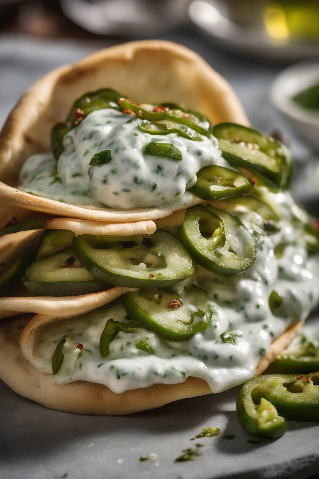 A high-resolution photo of jalapeño taziki with green flecks on a spicy gyro, under soft lighting.