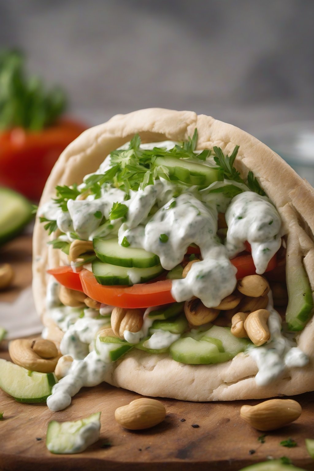 A high-resolution photo of smooth vegan cashew taziki on a veggie gyro, under soft lighting.