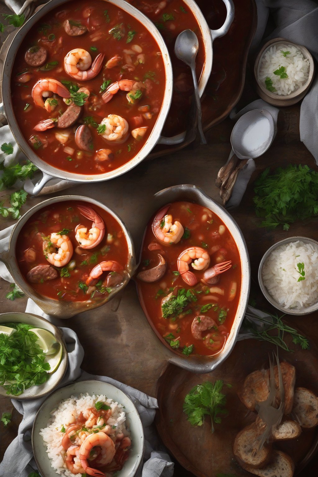 A high-resolution photo of Creole tomato gumbo with red-hued broth, shrimp, and sausage, served with rice and green herbs, under soft lighting.