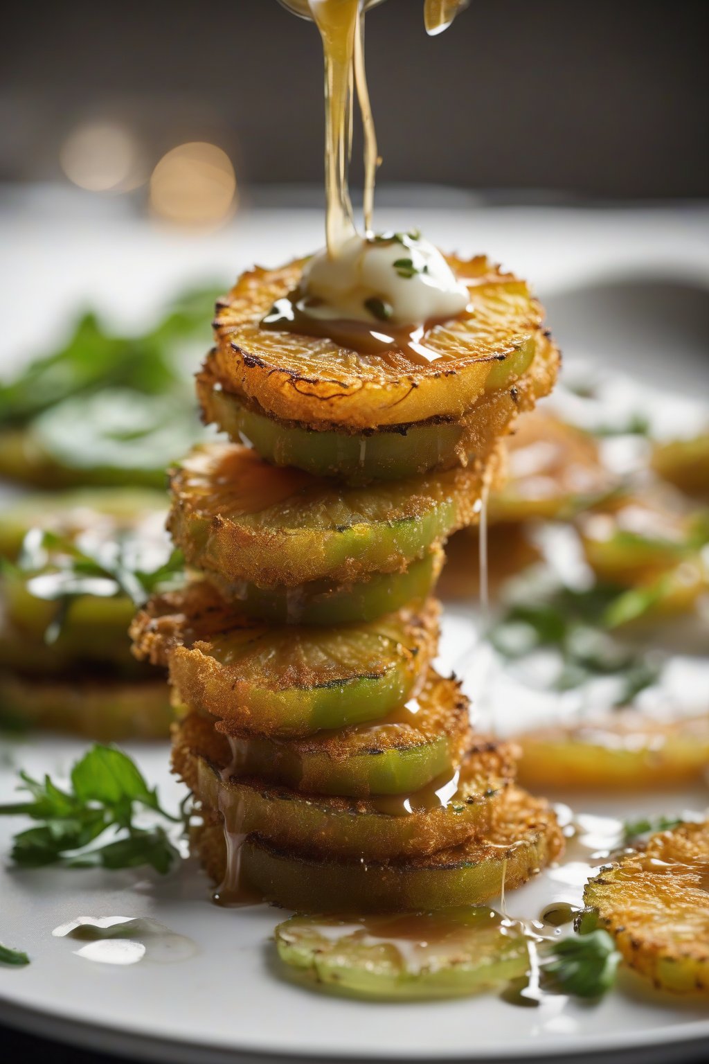 A high-resolution photo of golden, crispy fried green tomato slices stacked on a white plate with a drizzle of sauce, under soft lighting.