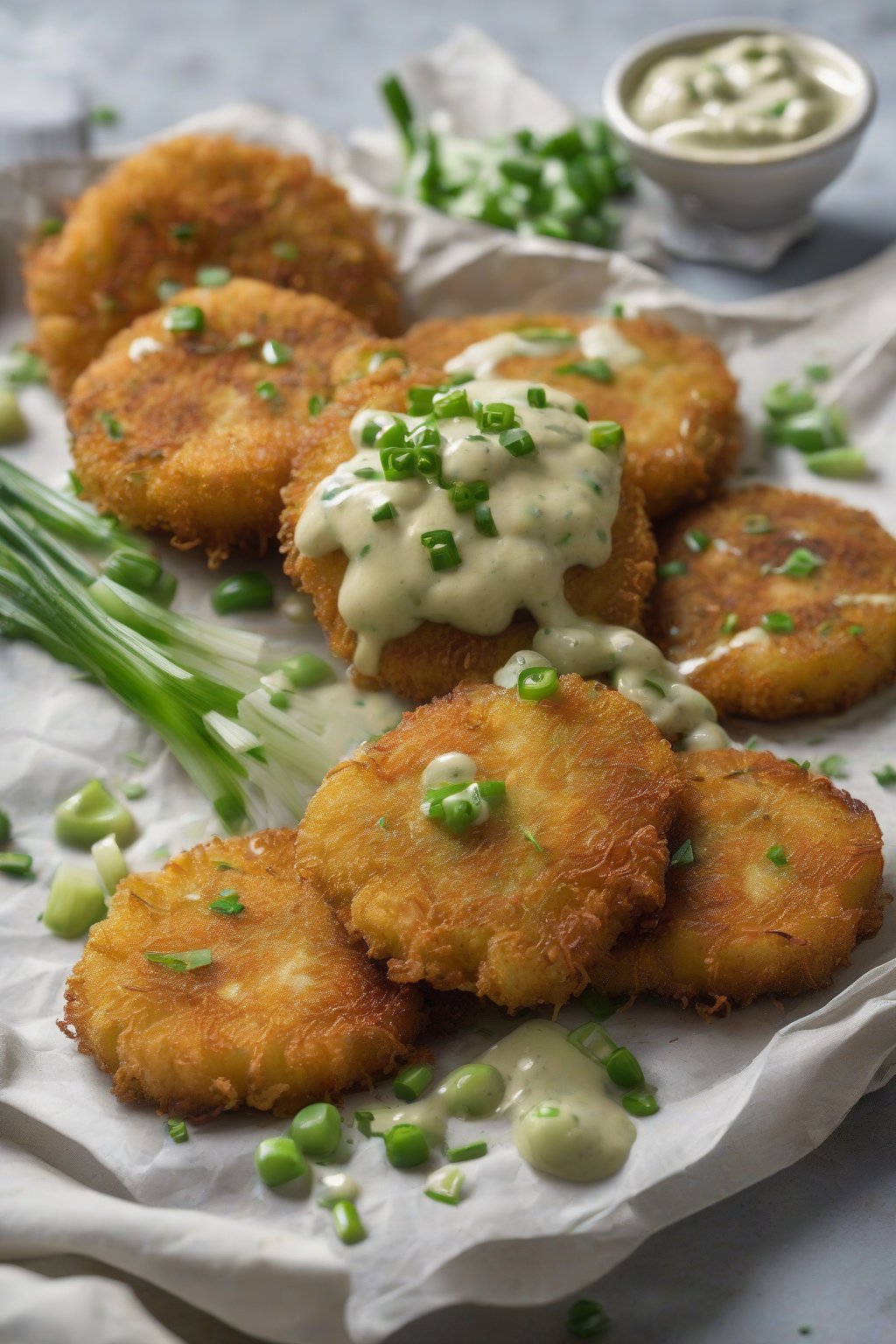 A high-resolution close-up photo of spicy fried green tomatoes garnished with green onions and a remoulade dollop, under soft lighting.