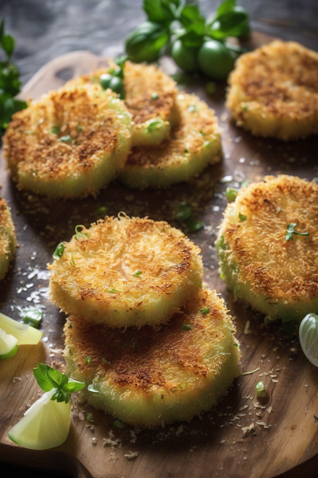 A high-resolution photo of panko-crusted fried green tomato rounds on a rustic wooden board, steam rising, under soft lighting.