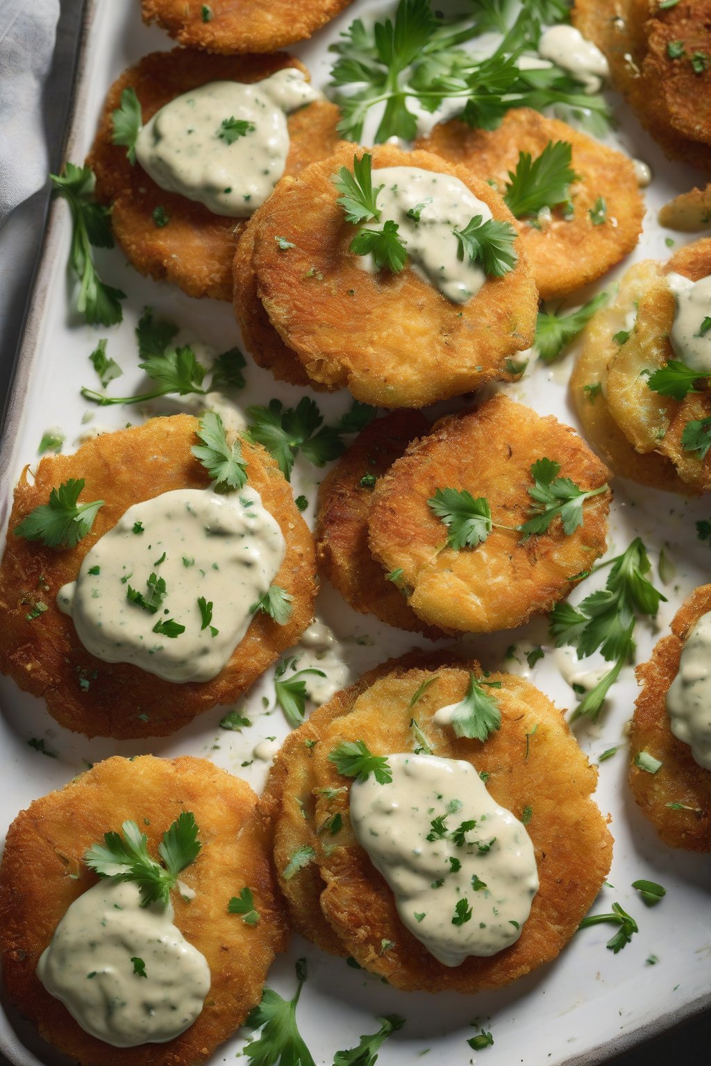A high-resolution close-up photo of fried green tomatoes topped with creamy remoulade and parsley, under soft lighting.