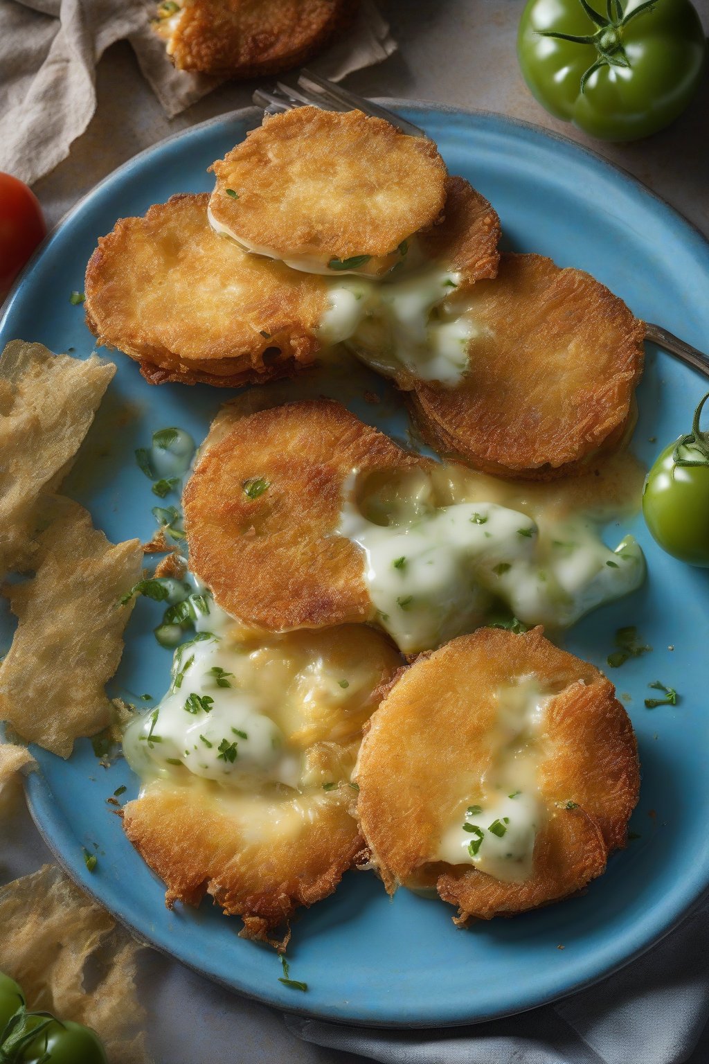 A high-resolution photo of cheesy fried green tomatoes cut open to show melted center, on a blue plate, under soft lighting.
