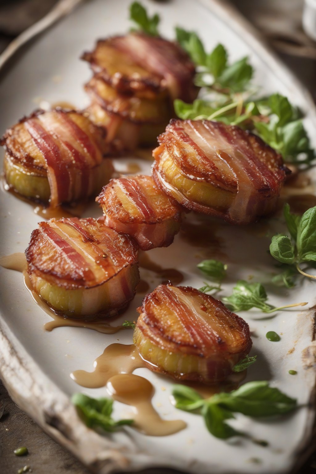 A high-resolution close-up photo of bacon-wrapped crispy fried green tomatoes with maple drizzle, under soft lighting.