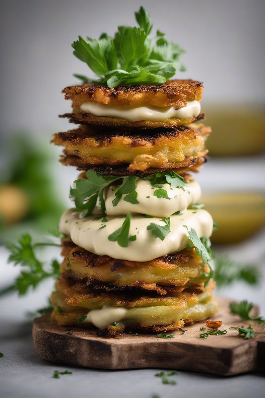 A high-resolution photo of vegan fried green tomato stack with aioli alternative, fresh herbs, under soft lighting.