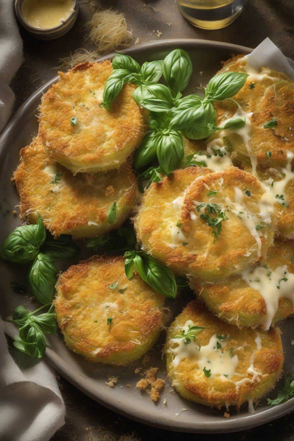 A high-resolution close-up photo of baked fried green tomatoes parmesan with bubbly cheese, under soft lighting.