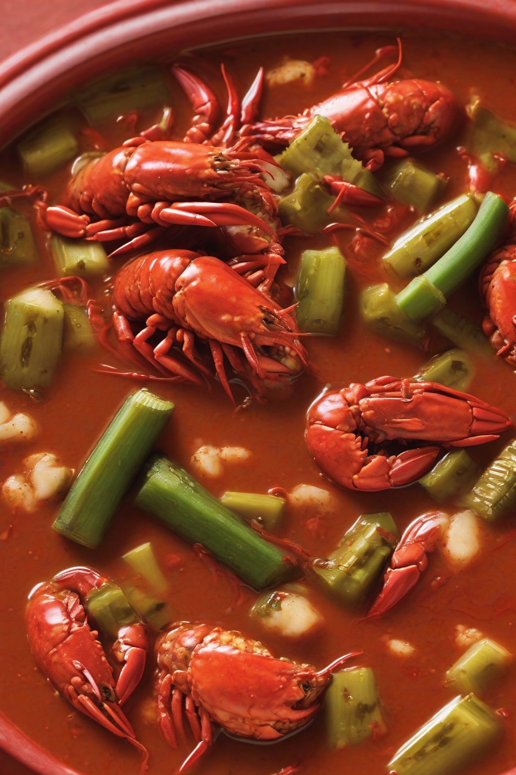 A high-resolution close-up photo of spicy crawfish gumbo featuring plump tails in fiery red broth with okra, under soft lighting.