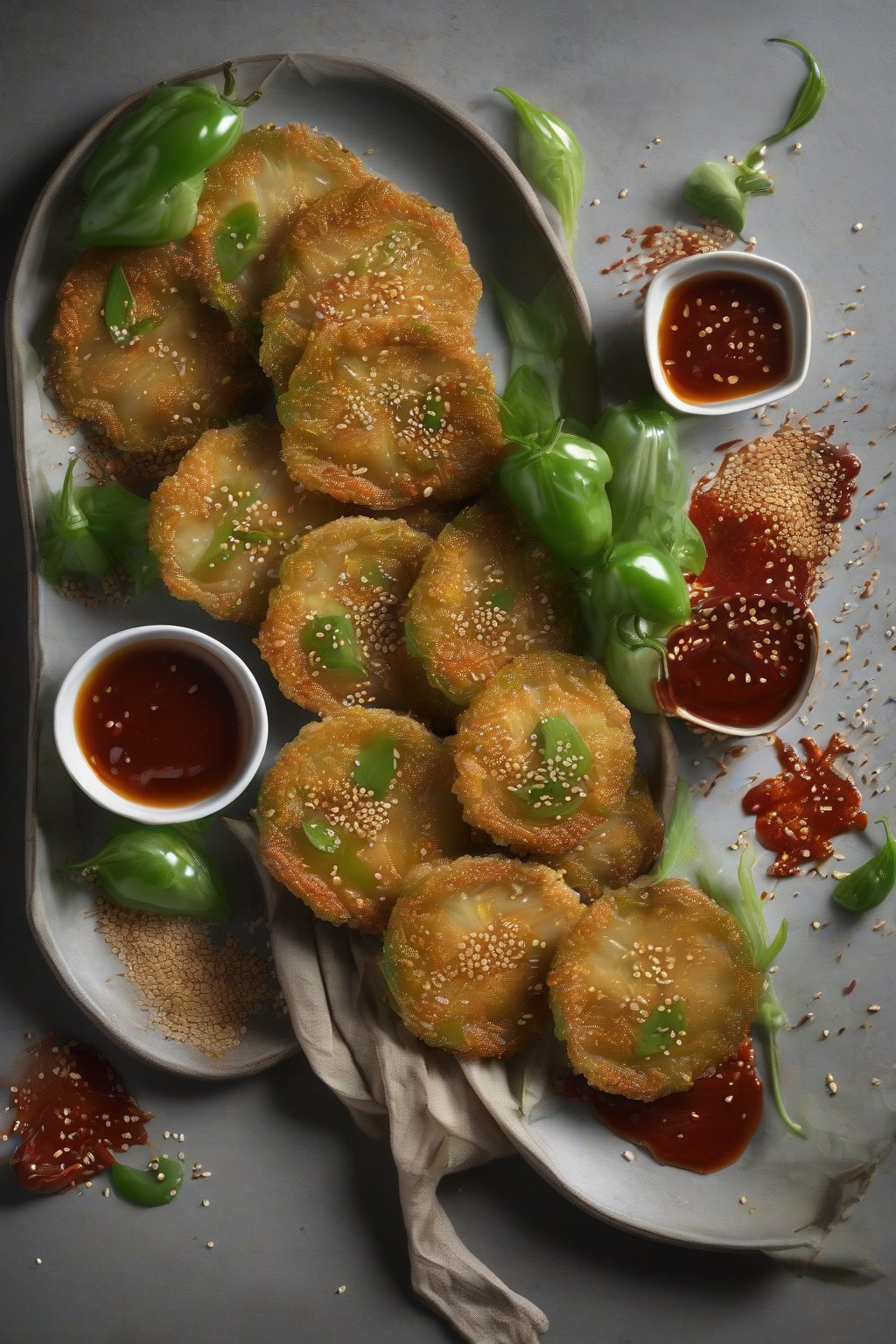 A high-resolution photo of Asian-style fried green tomatoes drizzled with chili sauce and sesame seeds, under soft lighting.