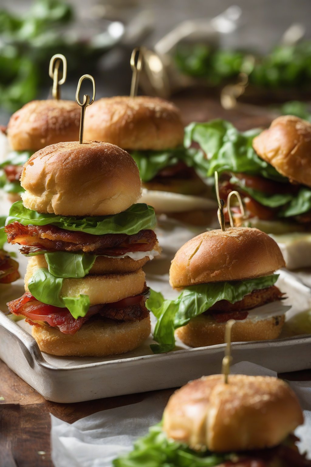 A high-resolution close-up photo of stacked fried green tomato BLT sliders on a tray, under soft lighting.