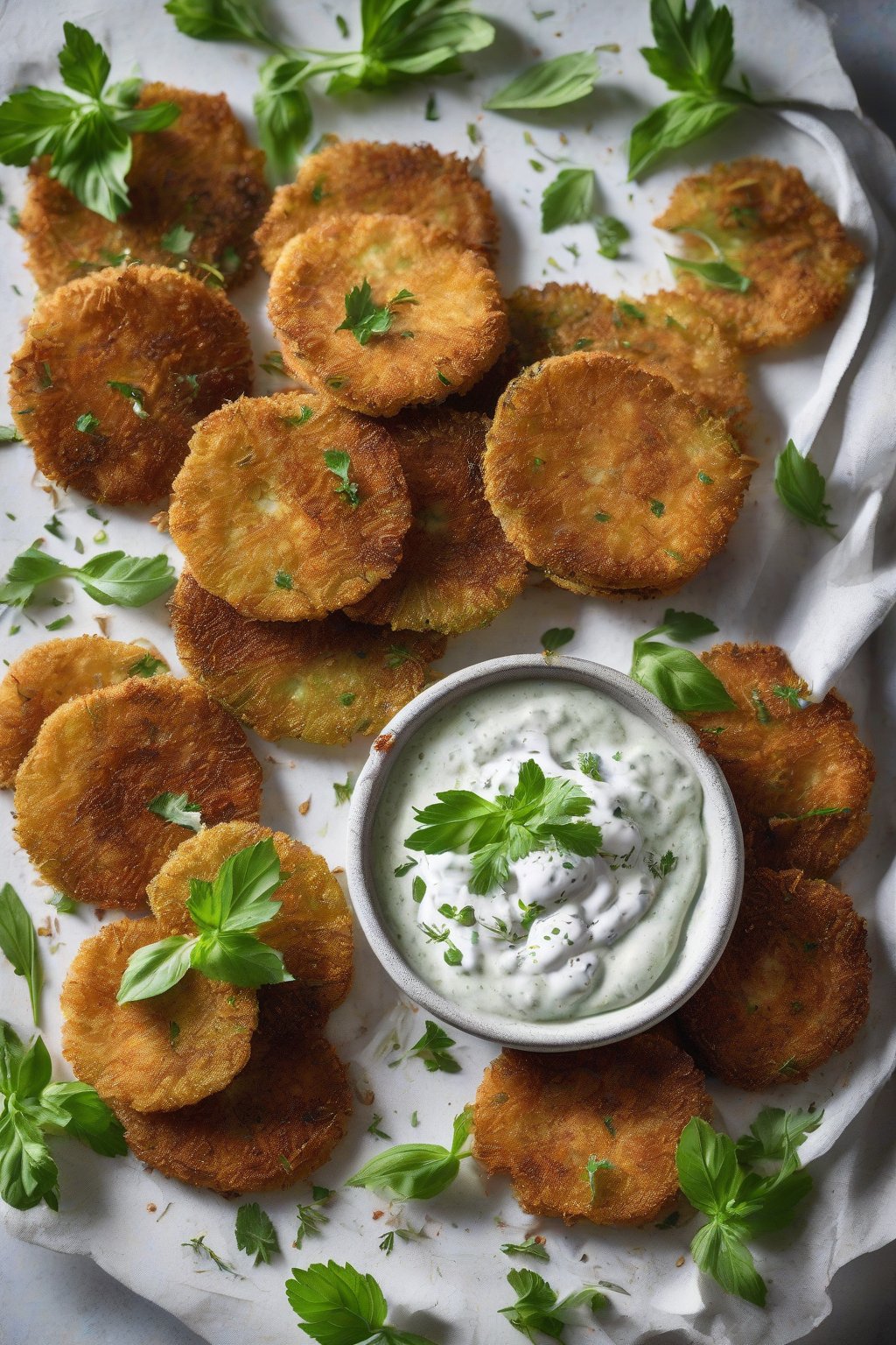 A high-resolution photo of herb-flecked crispy fried green tomatoes with yogurt dip, under soft lighting.