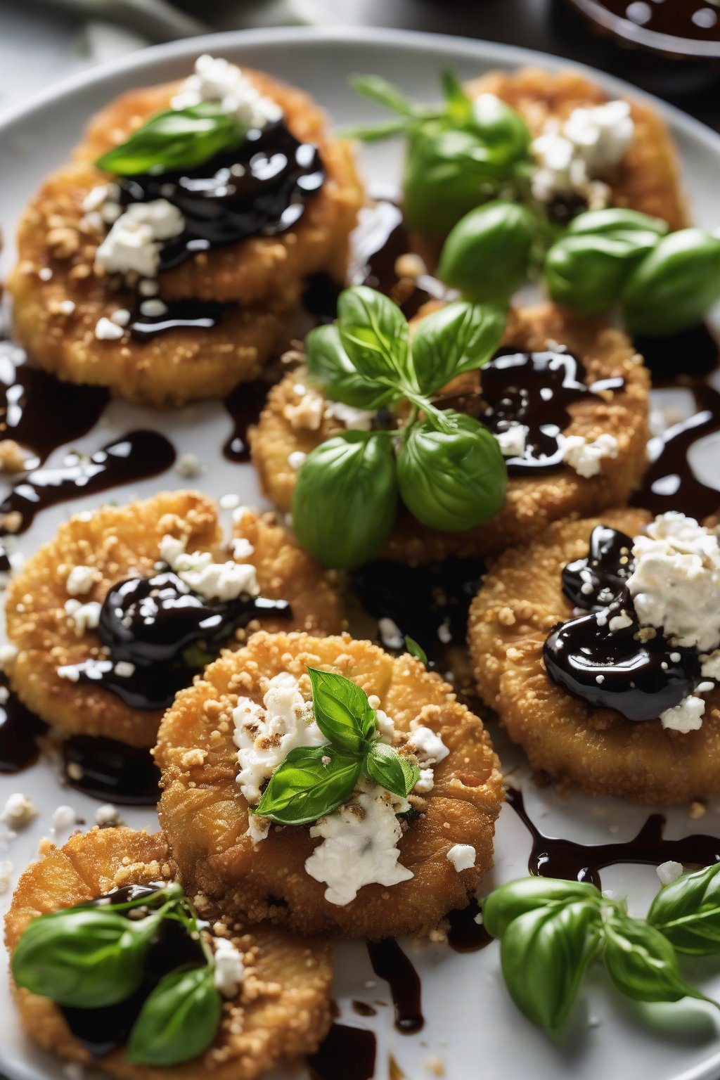 A high-resolution close-up photo of fried green tomatoes crowned with goat cheese crumbles and balsamic glaze, under soft lighting.