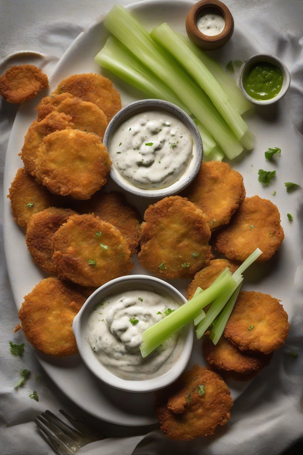 A high-resolution photo of buffalo-sauced fried green tomatoes with celery sticks and dip, under soft lighting.