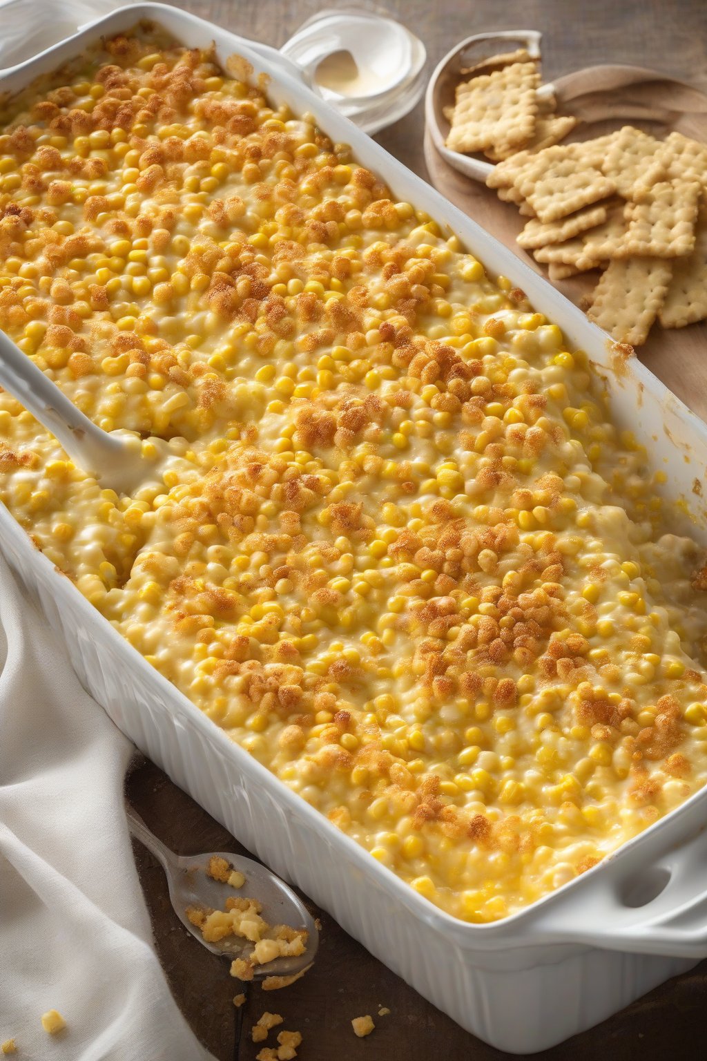 A high-resolution photo of classic creamy corn casserole bubbling in a white baking dish with golden cracker topping, under soft lighting.