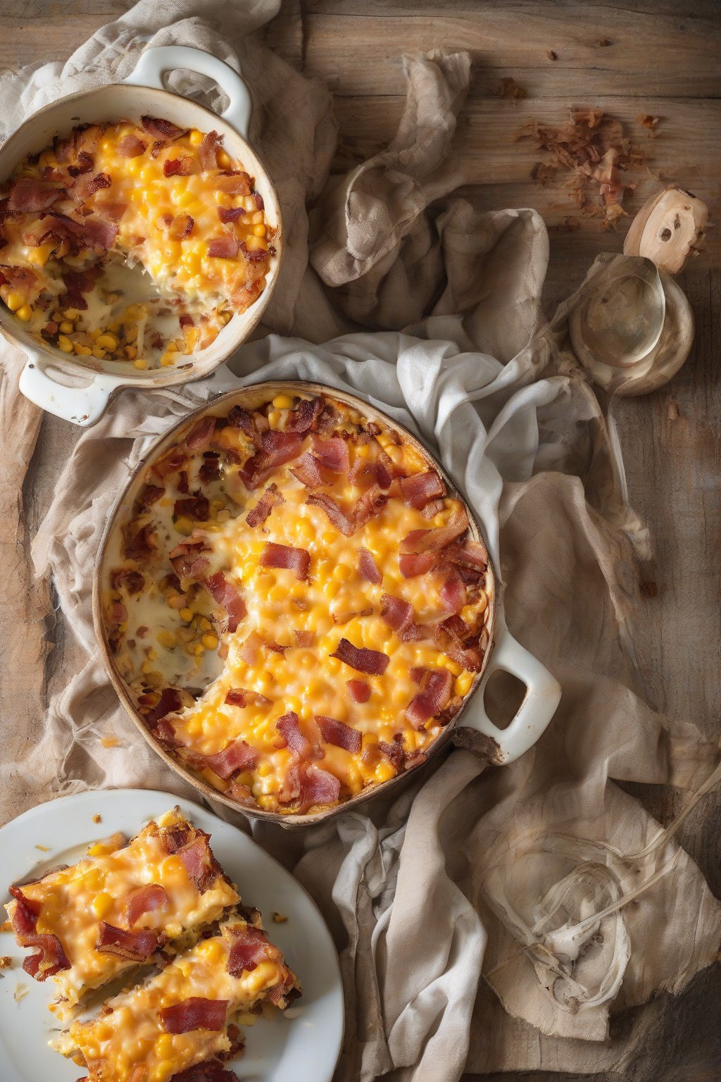 A high-resolution photo of cheesy bacon corn casserole with crispy bacon bits and melted cheese, served in a rustic dish, under soft lighting.