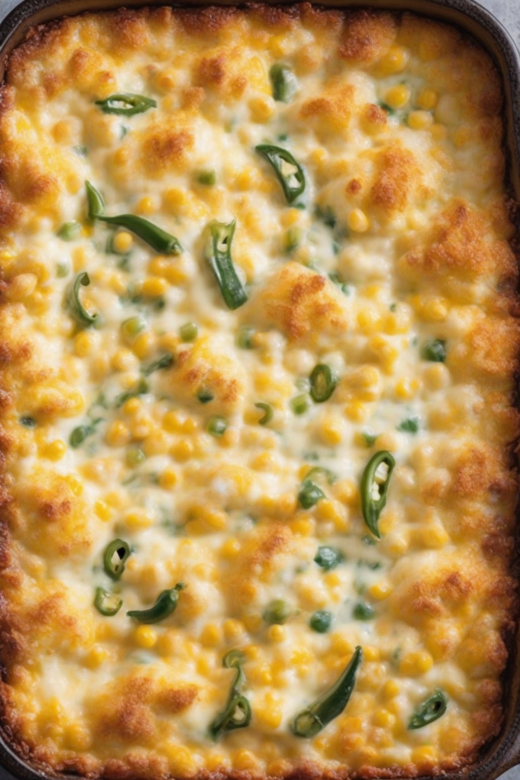 A high-resolution photo of jalapeño popper corn casserole with green flecks and bubbly cheese crust, under soft lighting.