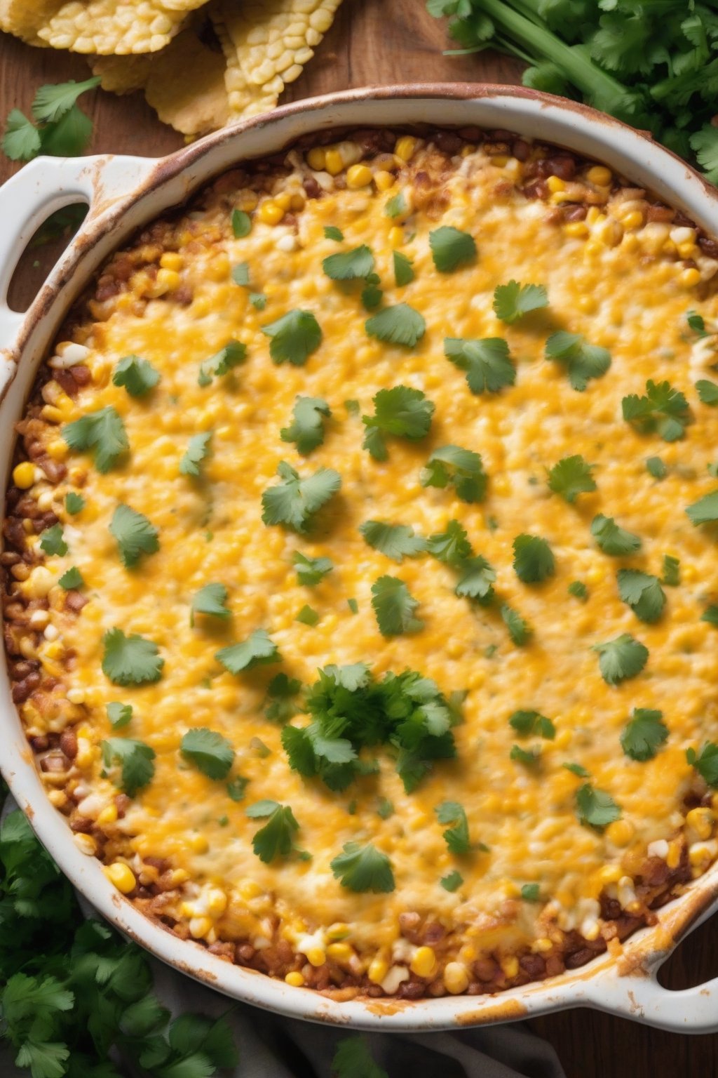 A high-resolution photo of Southwestern corn casserole topped with crushed chips and melted cheese, garnished with cilantro, under soft lighting.