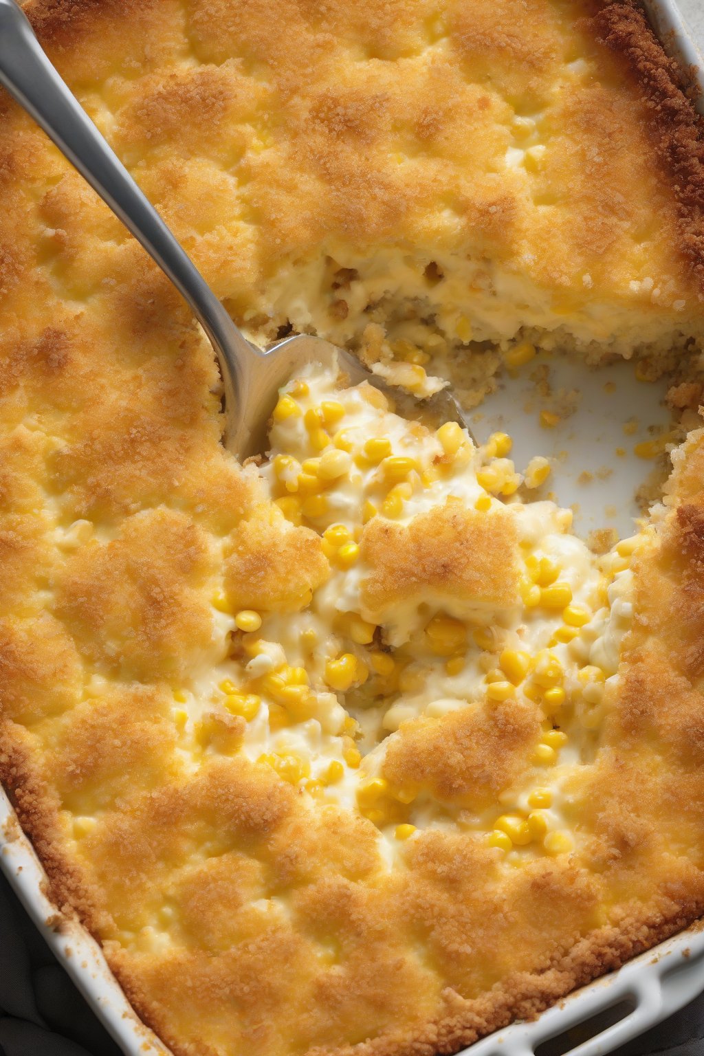 A high-resolution photo of cream cheese corn casserole with a golden panko crust, creamy filling visible, under soft lighting.