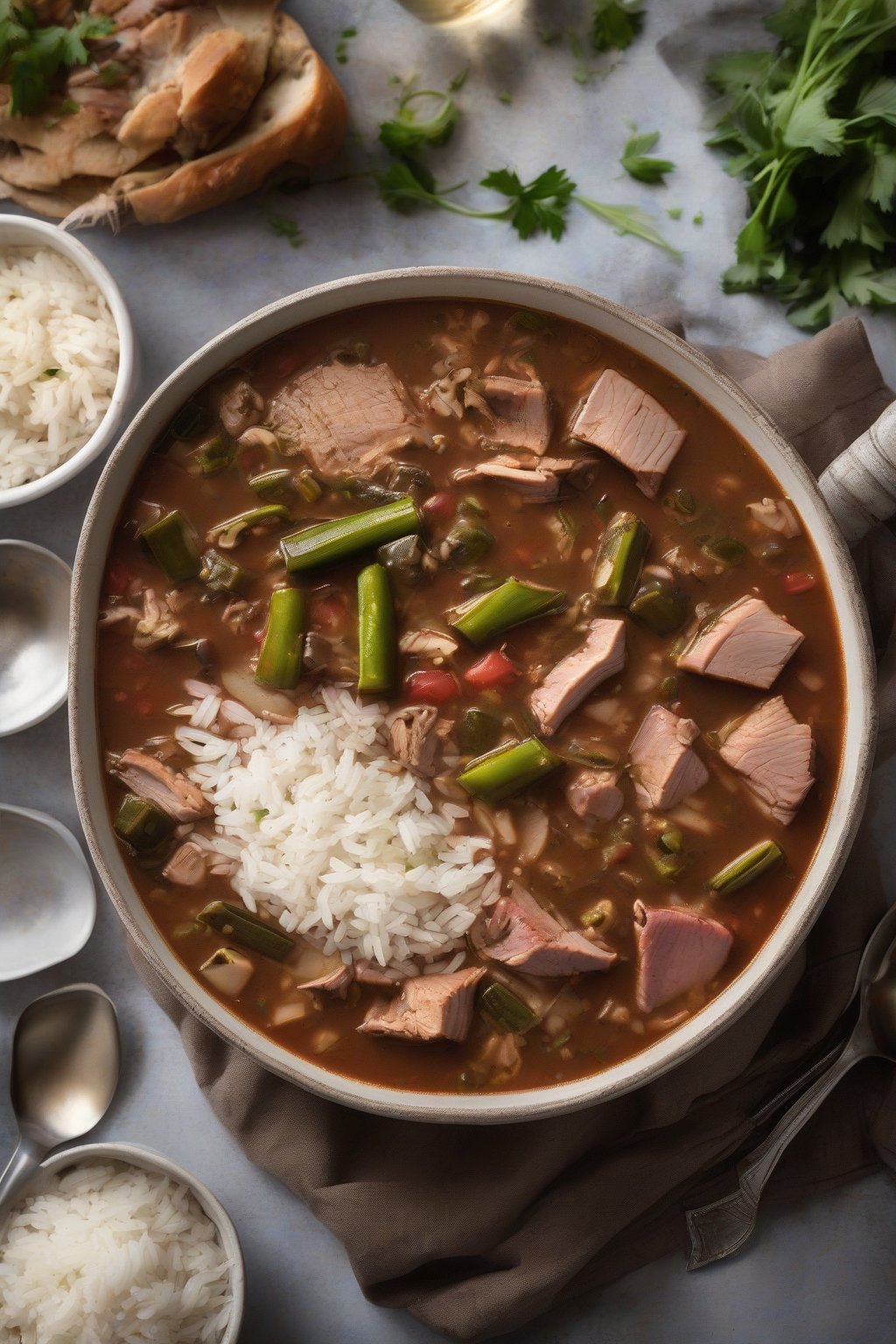 A high-resolution photo of smoked turkey gumbo with chunks of turkey and okra in smoky broth, alongside rice, under soft lighting.