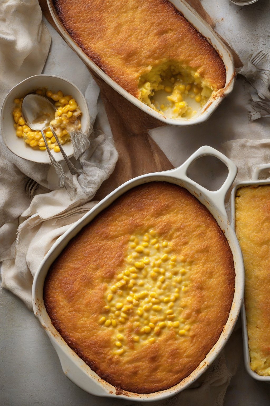 A high-resolution photo of sweet corn pudding casserole with a custardy texture and nutmeg dusting, under soft lighting.
