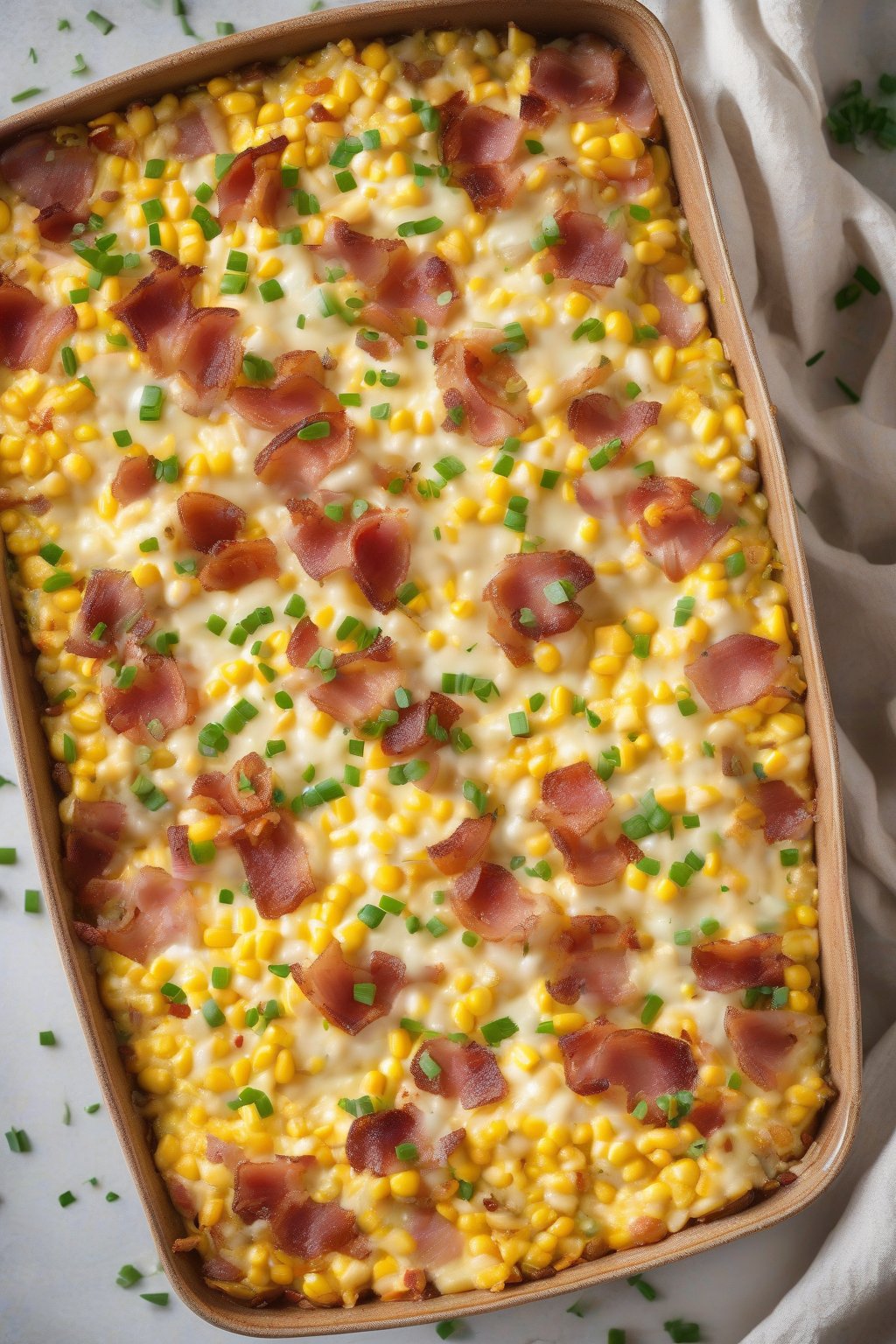 A high-resolution photo of loaded baked potato corn casserole with bacon and chives scattered on top, under soft lighting.