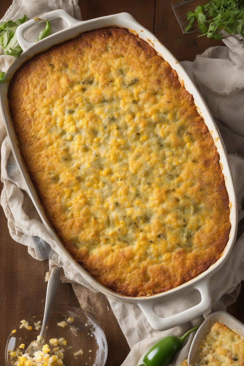 A high-resolution photo of green chile corn casserole with visible chile bits and cheesy top, under soft lighting.